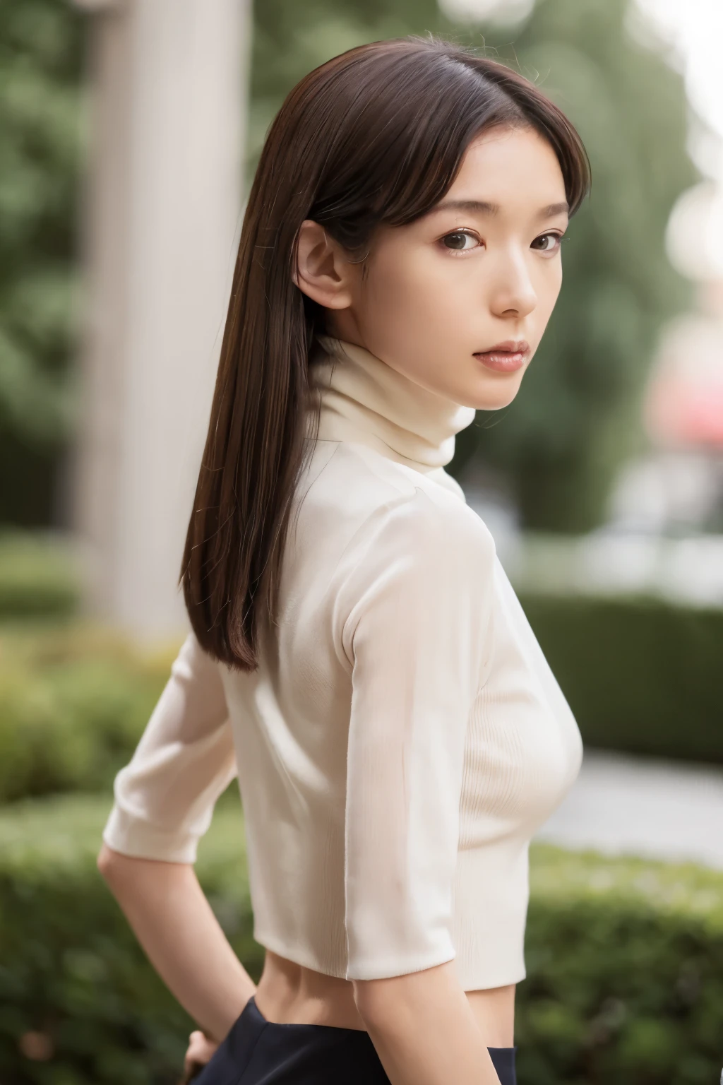 ((top-quality, in 8K, masterpiece:1.3)), Beautiful Japanese woman, perfect body:1.4, Slim abs:1.2, ((Straight hair:1.2)), (turtle neck:1.1), (a street:1.2), wetbody:1.5, Three-dimensional texture, A detailed eye, Brown hair, very thin waist, posterior view, looking back to the viewers