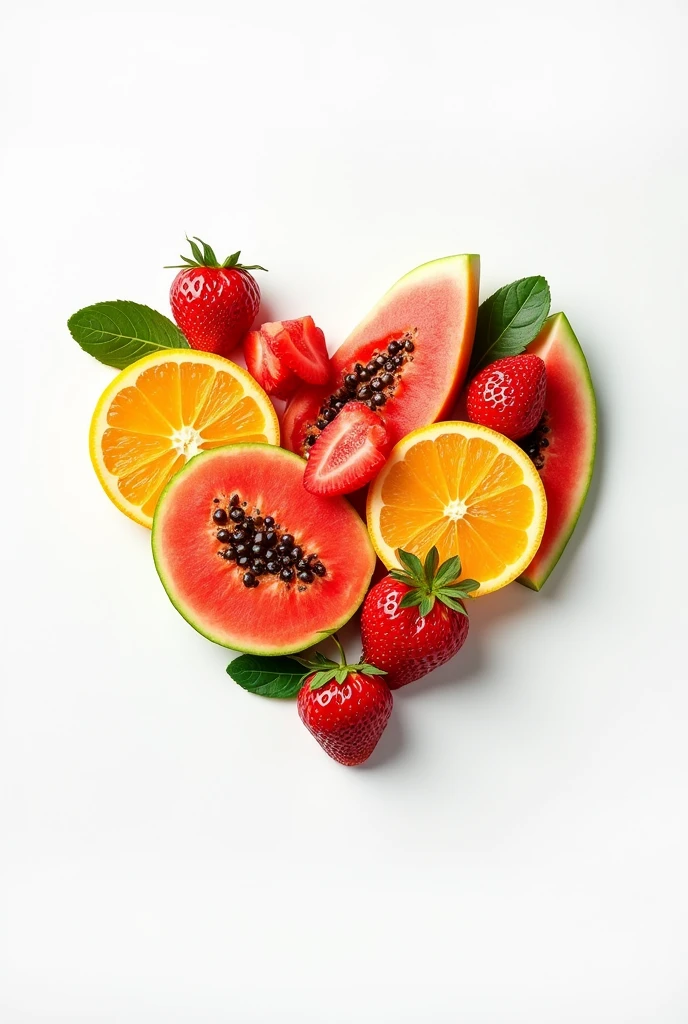 Sophisticated nutritionist logo in heart shape with orange, watermelon, papaya and strawberry, fresh looking fruits