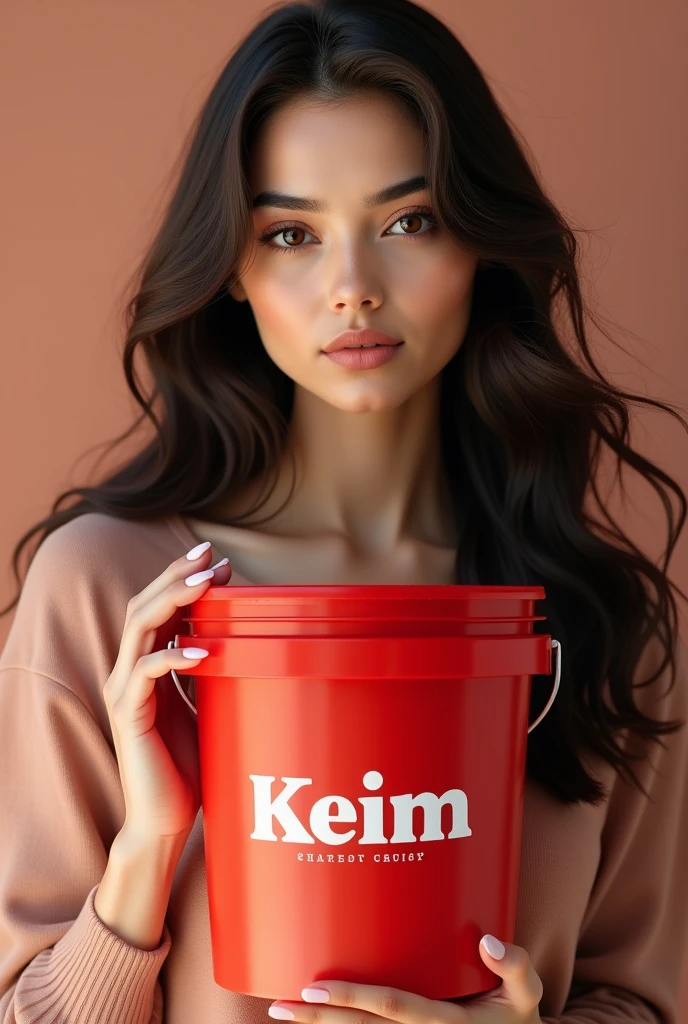 Beautiful australian girl posing wirh a red paint bucket branded “keim”, mineral paint