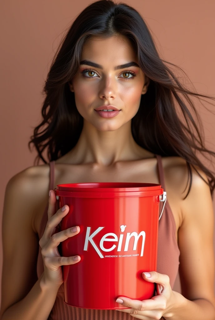 Beautiful australian girl posing wirh a red paint bucket branded “keim”, mineral paint