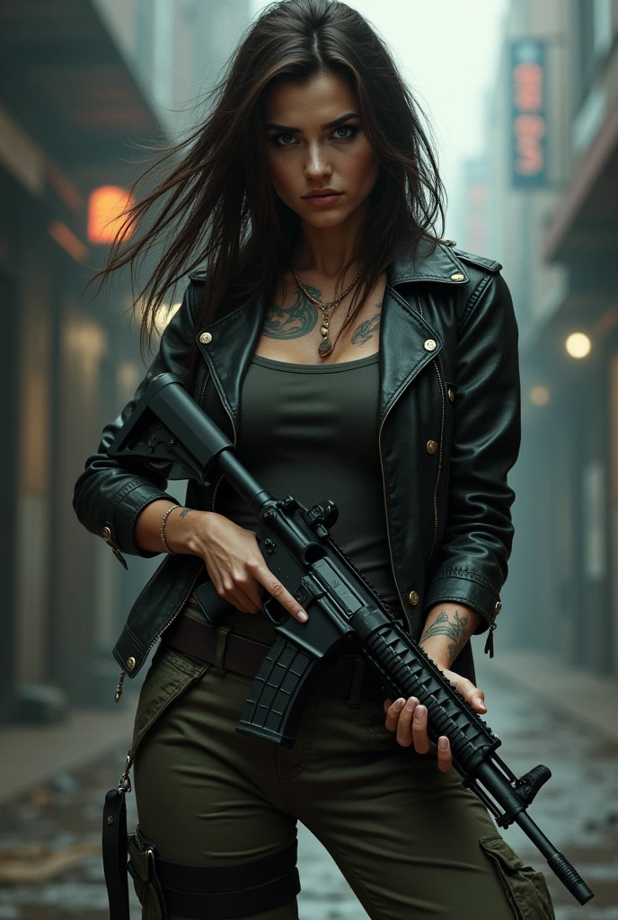 Woman, Brunetette, drug dealer, armed with a rifle