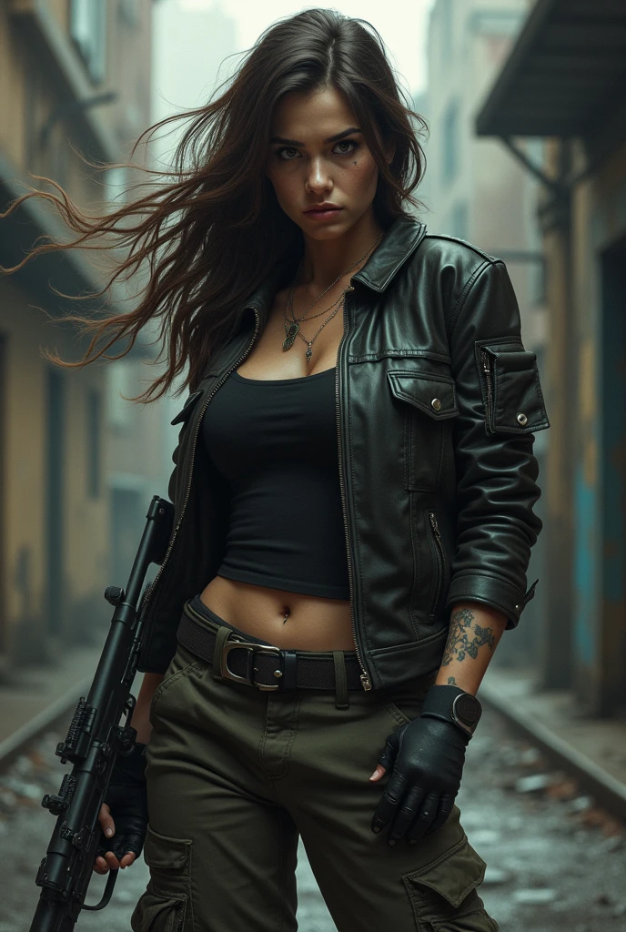 Woman, Brunetette, drug dealer, armed with a rifle