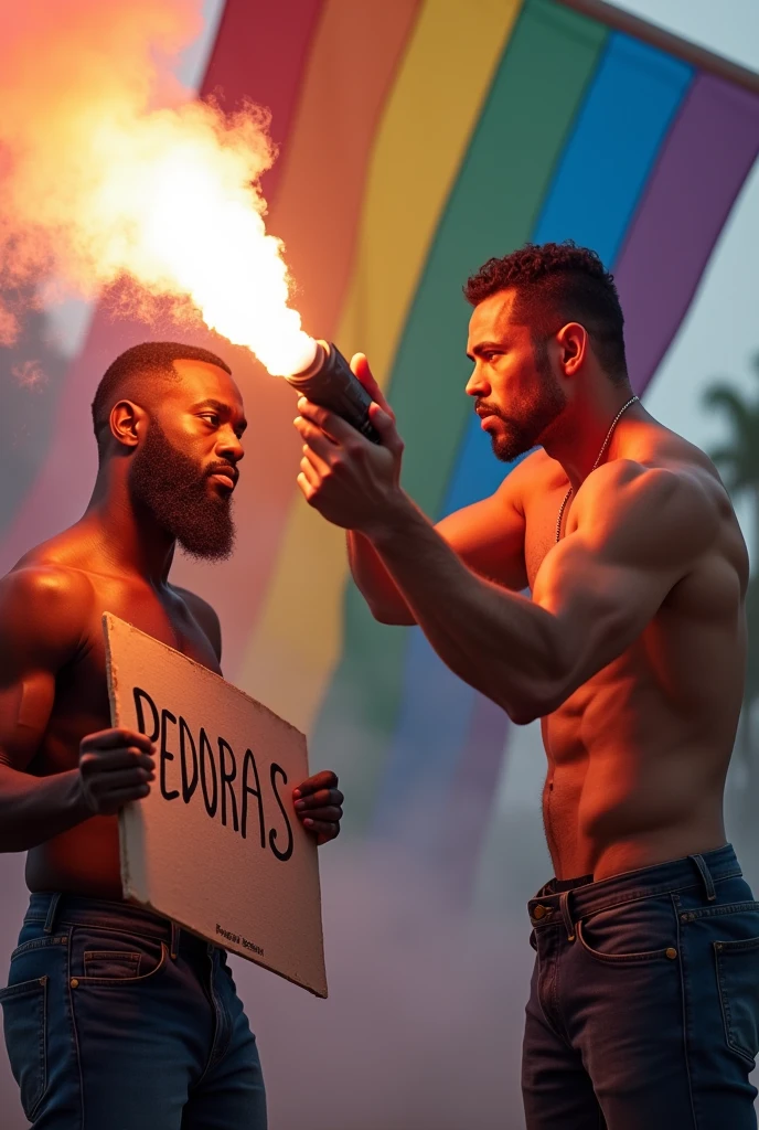 a black man shows a sign with the inscription "pedoras", against the background of the LGBT flag and a pumped up white man without a shirt aiming at him with a flare gun