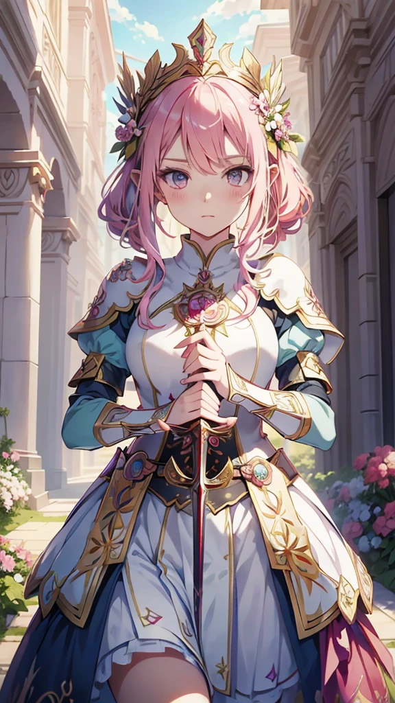 Anime girl with pink hair and white dress holding sword in front of flowers, Kschaert Krentz Key Art Feminine, portrait Zodiac Knight Girl, Enchanting Elven Princess Knight, Elf girl in floral dress, Anime Goddess, Astori Lawn, I also make fan art, ((Beautiful Fantasy Empress)), Flower Goddess, Goddess of Nature, Zodiac Knight Girl