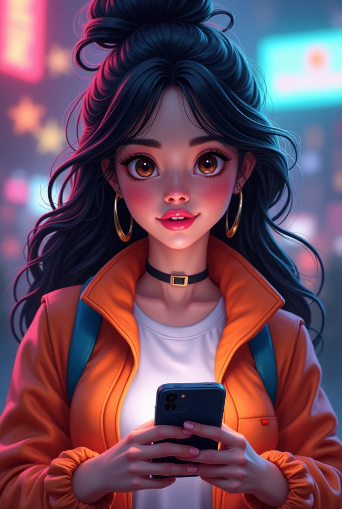woman with long curly and frizzy black hair, thick and pink lips, Brown eyes, fat and wide face, woman with cell phone in hand,  gamer clothes, styled, Disney movies