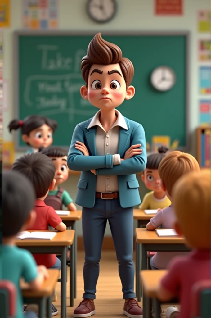 - **3D Illustration:** At school inside a classroom, students sitting on their chairs and mean teacher standing angry. Include all elements of class room of Age 6 to 10 would have.
