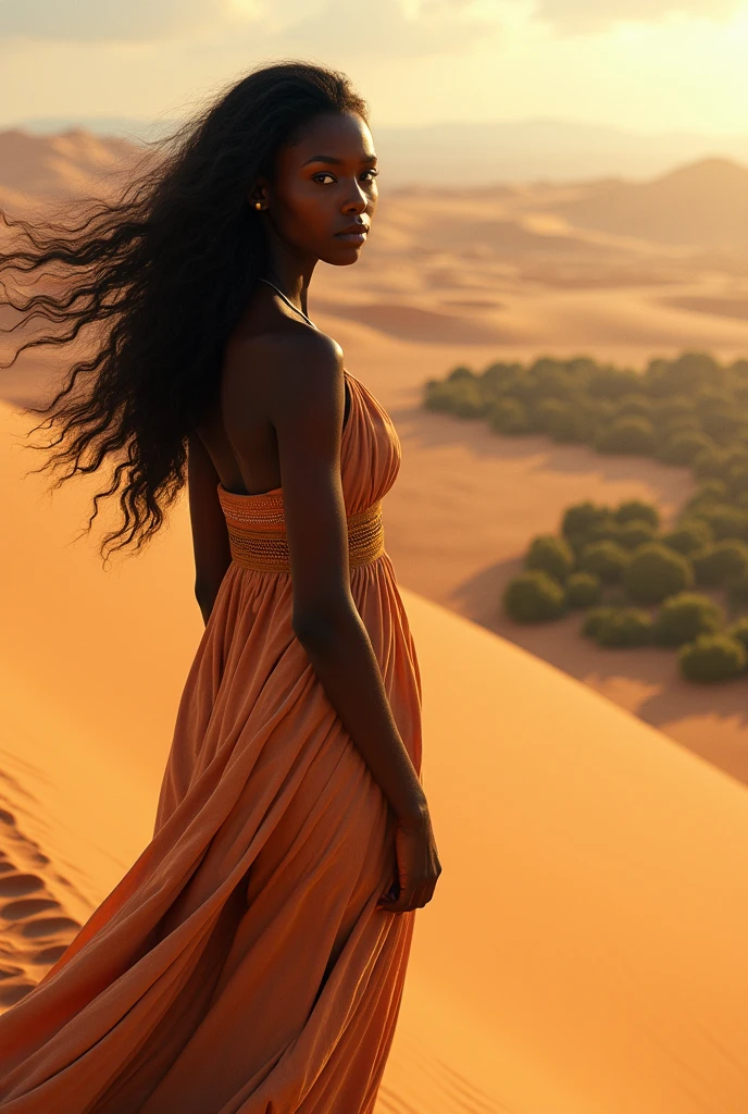 femme africaine en haut d'une dune de sable dans le desert, le regard vers nous, cheveux au vent, jolie payage avec un oasis en fond