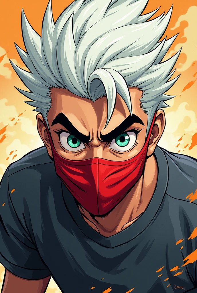 JoJo 2D style character, I will keep the main features, male character, like spiky white hair, a red mouth mask and round dull green eyes with a tired expression, black eyebrows, wearing a dark gray sweatshirt.