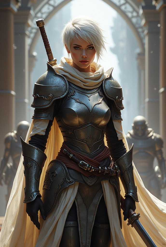 create a woman, she has white hair, she has short hair, She wears light armor, create in 2D, create art similar to vox machina