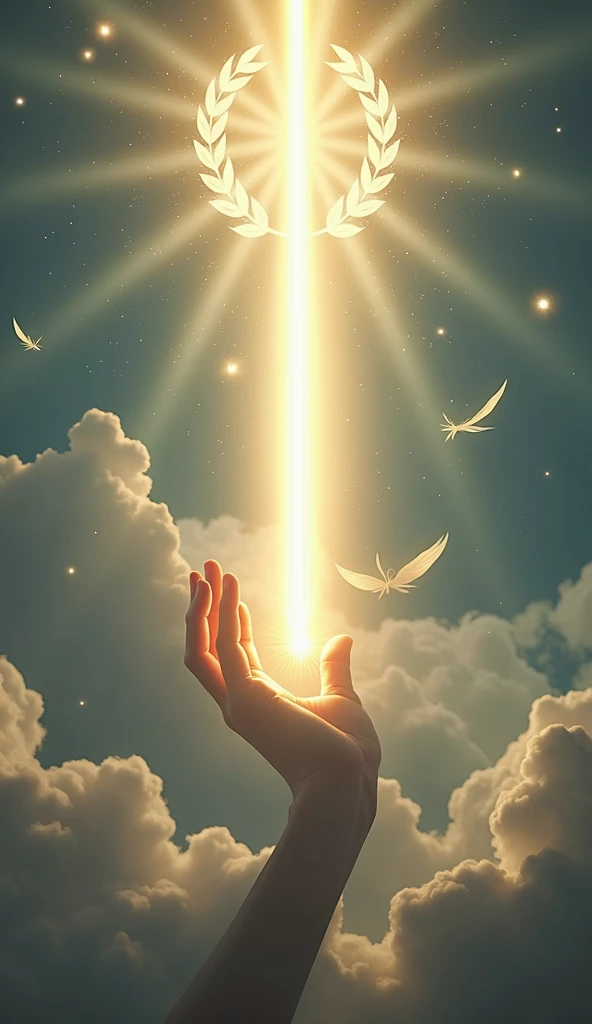 Create a stunning and divine image of the 'Ace of Lights' from a Tarot deck inspired by the Rider-Waite's Ace of Swords. The central focus is a single, radiant beam of light emerging from a divine, ethereal hand, which extends from a cloud in the sky. This beam of light has the shape of a sword but is made entirely of luminescent, celestial energy. The background is filled with a mystical, heavenly landscape, with rays of light radiating outward. Surround the light beam with delicate, floating feathers and subtle symbols of victory like a laurel wreath, glowing softly. The overall scene should evoke a sense of clarity, power, and divine inspiration.
