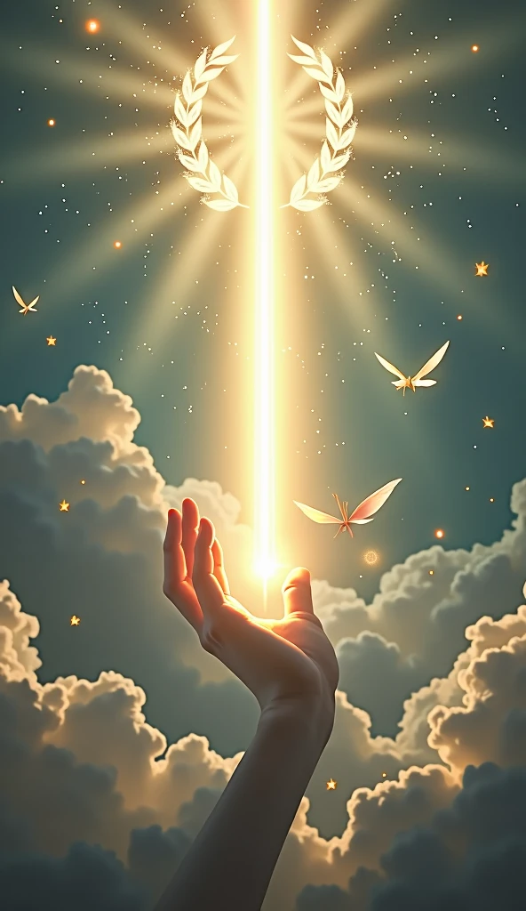 Create a stunning and divine image of the 'Ace of Lights' from a Tarot deck inspired by the Rider-Waite's Ace of Swords. The central focus is a single, radiant beam of light emerging from a divine, ethereal hand, which extends from a cloud in the sky. This beam of light has the shape of a sword but is made entirely of luminescent, celestial energy. The background is filled with a mystical, heavenly landscape, with rays of light radiating outward. Surround the light beam with delicate, floating feathers and subtle symbols of victory like a laurel wreath, glowing softly. The overall scene should evoke a sense of clarity, power, and divine inspiration.