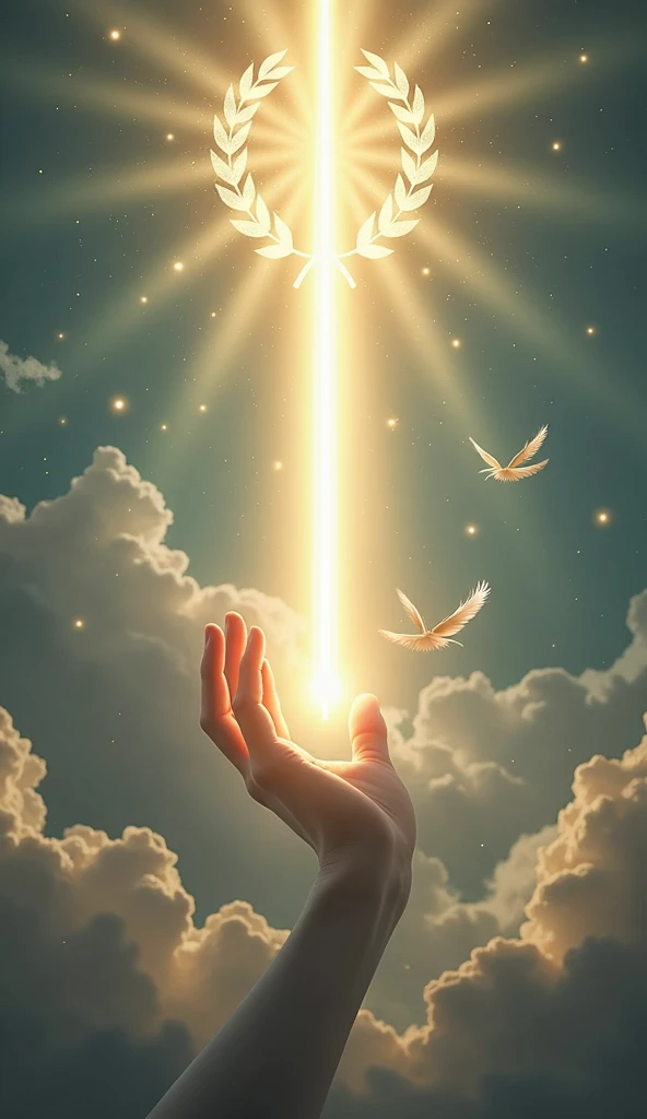 Create a stunning and divine image of the 'Ace of Lights' from a Tarot deck inspired by the Rider-Waite's Ace of Swords. The central focus is a single, radiant beam of light emerging from a divine, ethereal hand, which extends from a cloud in the sky. This beam of light has the shape of a sword but is made entirely of luminescent, celestial energy. The background is filled with a mystical, heavenly landscape, with rays of light radiating outward. Surround the light beam with delicate, floating feathers and subtle symbols of victory like a laurel wreath, glowing softly. The overall scene should evoke a sense of clarity, power, and divine inspiration.