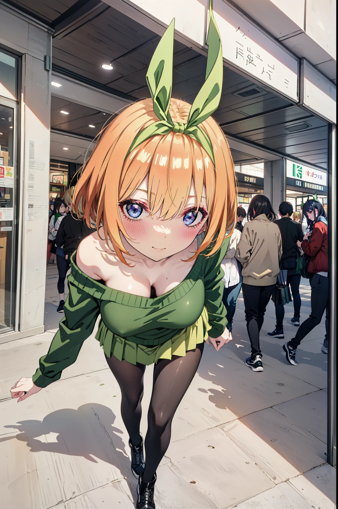 Yotsubanakano, Fourth floor Nakano, bangs, short hair, blue eyes, Hair between the eyes, hair ribbon, hair band, Orange Hair, (Green ribbon:1.5), smile, Close your mouth,blush,Black-rimmed glasses,
Green one-shoulder sweater,mini skirt,Black pantyhose,short boots,Walking,morning,morning陽,The sun is rising,On the way to school,whole bodyがイラストに入るように,　　　　　　　　　　　　　　　　　　　　break looking at viewer, whole body,　　　　　　　　　　　　　　　　　　　break indoors,Shopping mall,　　　　　　　　　　　　break (masterpiece:1.2), Highest quality, High resolution, unity 8k wallpaper, (shape:0.8), (Beautiful attention to detail:1.6), Highly detailed face, Perfect lighting, Highly detailed CG, (Perfect hands, Perfect Anatomy),