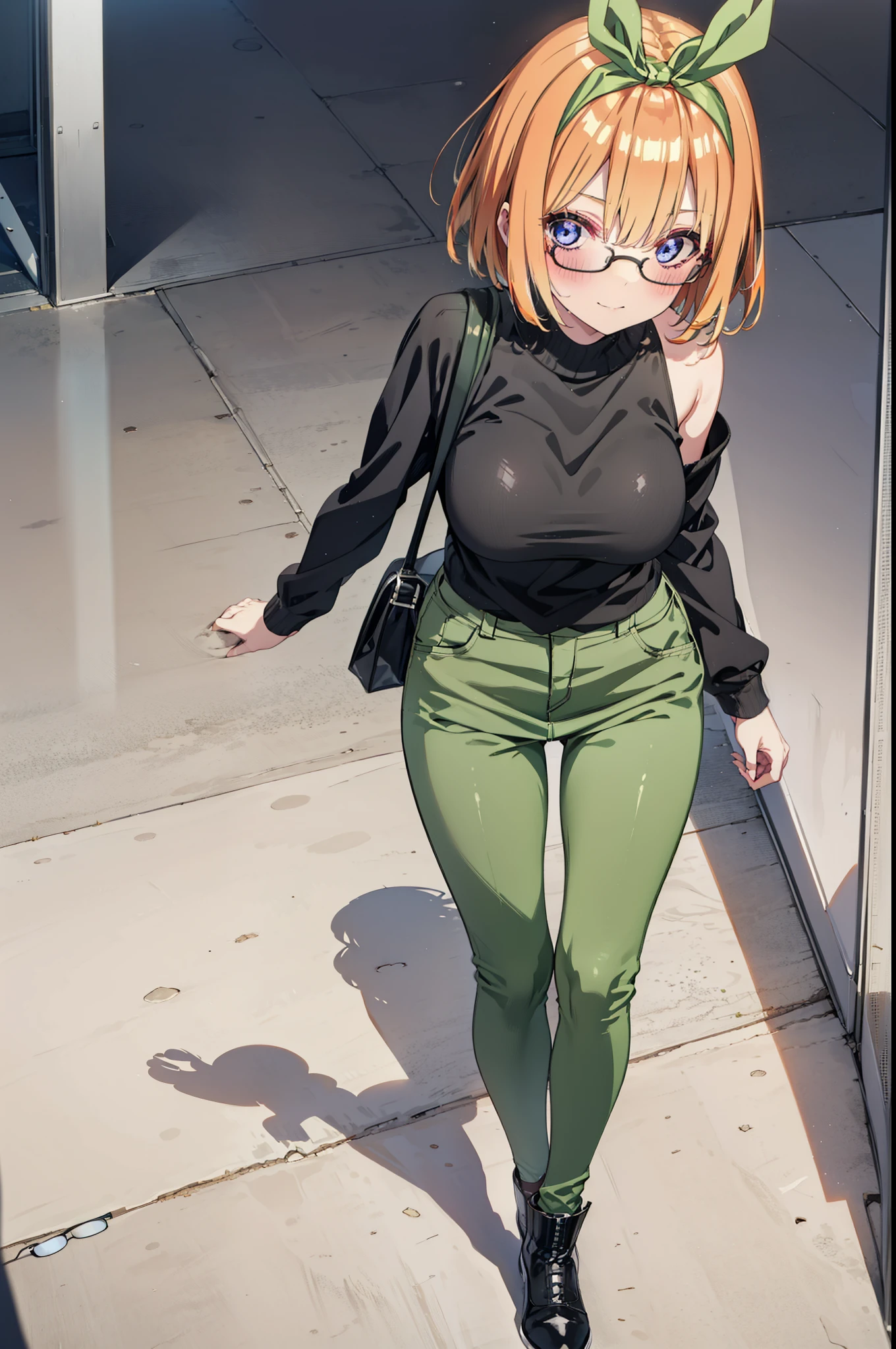Yotsubanakano, Fourth floor Nakano, bangs, short hair, blue eyes, Hair between the eyes, hair ribbon, hair band, Orange Hair, (Green ribbon:1.5), smile, Close your mouth,blush,Black-rimmed glasses,
Green one-shoulder sweater,mini skirt,Black pantyhose,short boots,Walking,morning,morning陽,The sun is rising,On the way to school,whole bodyがイラストに入るように, break looking at viewer, whole body, break indoors,Shopping mall, break (masterpiece:1.2), Highest quality, High resolution, unity 8k wallpaper, (shape:0.8), (Beautiful attention to detail:1.6), Highly detailed face, Perfect lighting, Highly detailed CG, (Perfect hands, Perfect Anatomy),