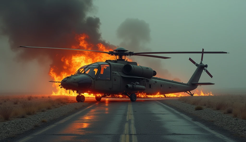 ATTACK HELICOPTER BURNING ON THE ROAD, GLOOMY WEATHER