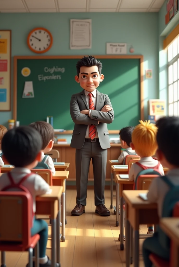 - **3D Illustration:** At school inside a classroom, students sitting on their chairs and mean teacher standing angry. Include all elements of class room of Age 6 to 10 would have.