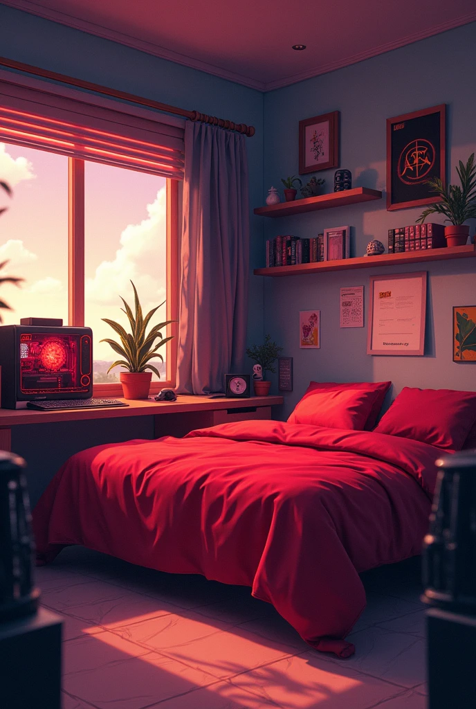 Anime Bedroom With Red Bed And Small Setup With Red Gaming PC (anime version)