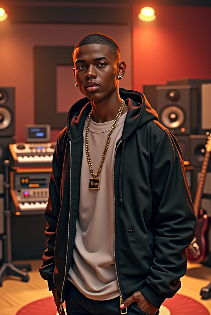 A 17-year-old boy Skin color: brown Place: Music Recording Studio Accessories: gold chain that says BRAY Accessory: small earrings No hair on the head