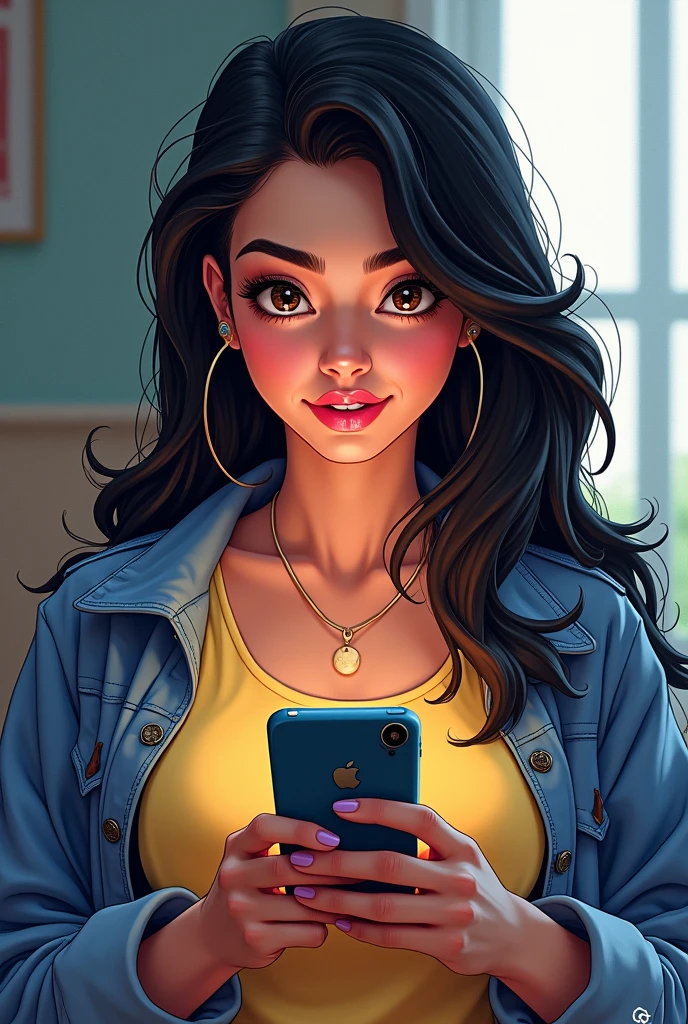 woman with long curly and frizzy black hair, thick and pink lips, Brown eyes, fat and wide face, woman with cell phone in hand,  gamer clothes, styled, Disney movies