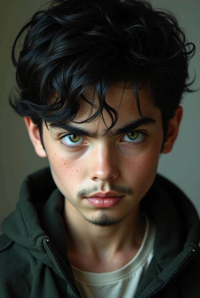young boy with dark hair, green eyes and white skin, marked jaw, thick, dark eyebrows with white-eyed eyes, with thin lips and a goatee and a thin moustache WITH AN OVAL FACE AND THE LOOK OF AN ITALIAN MAFIOSO