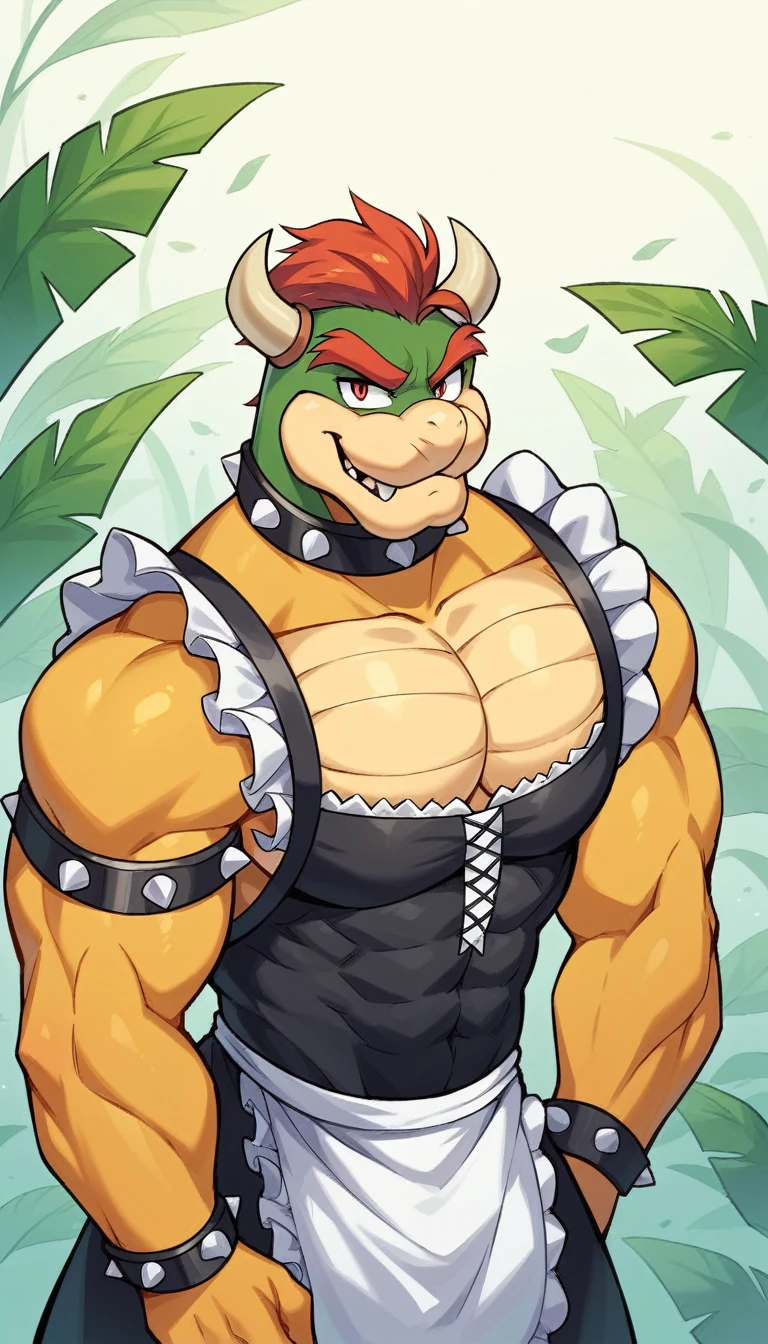 A sultry image! King Bowser, the Koopa king, stands confidently in a provocative pose, donning a revealing pink maid outfit. The tight-fitting uniform accentuates his muscular build, while the frilly apron and matching hat add a touch of whimsy to his menacing demeanor. Soft lighting casts a flattering glow on his scaly skin, with the subtle shadows highlighting the contours of his powerful physique. In the background, a hint of Mushroom Kingdom's lush greenery can be seen, contrasting the bold colors of Bowser's attire. The overall composition is playful yet alluring, inviting the viewer to gaze upon this unexpected fusion of power and sensuality.