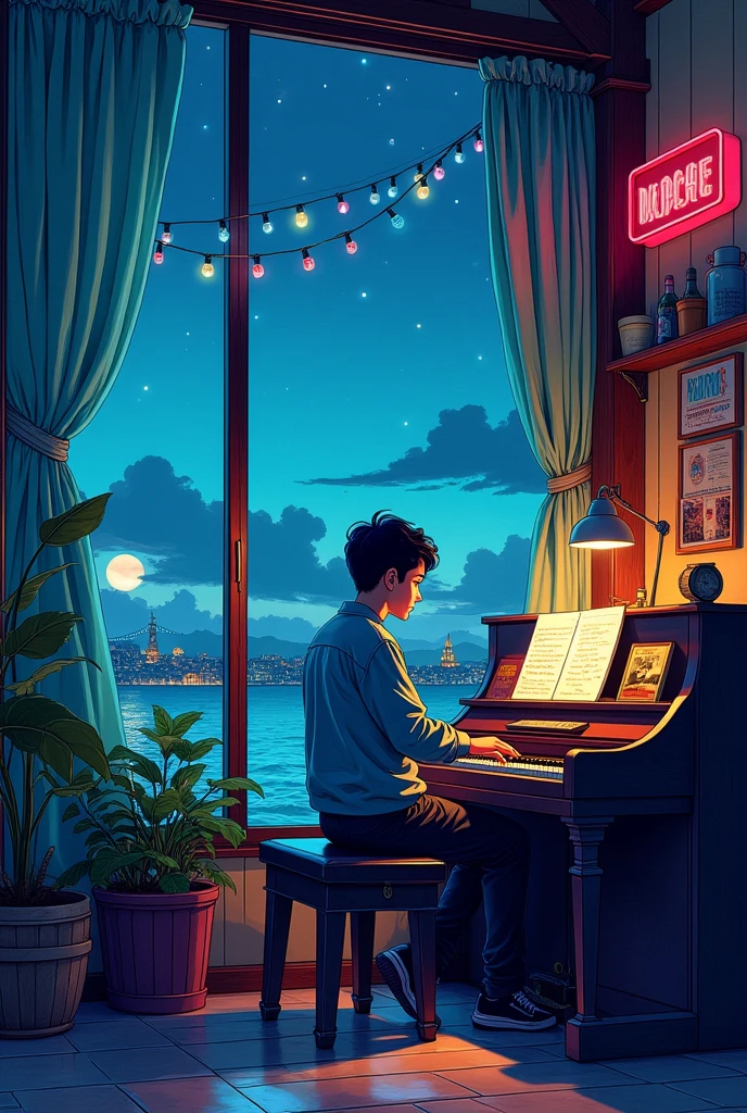 A cafe with a jazz piano playing， dream, Please wear headphones., night light, Neon landscape on a rainy day, Analog color theme, Lo-Fi Hip Hop , retrospect, flat, 2.5D ,Draw a line, ink painting, Osaka Road, Watercolor painting, Gouache paint, Studio Ghibli Style, very colorful, Outerton, Kraut Lock, Lofiato,Old meat, Amplitude,Psychedelic atmosphere, Masterpiece, Technology of Wonders,on the bed，Darken the room，Beautiful nighttime seaside with a starry sky outside the window.boy
