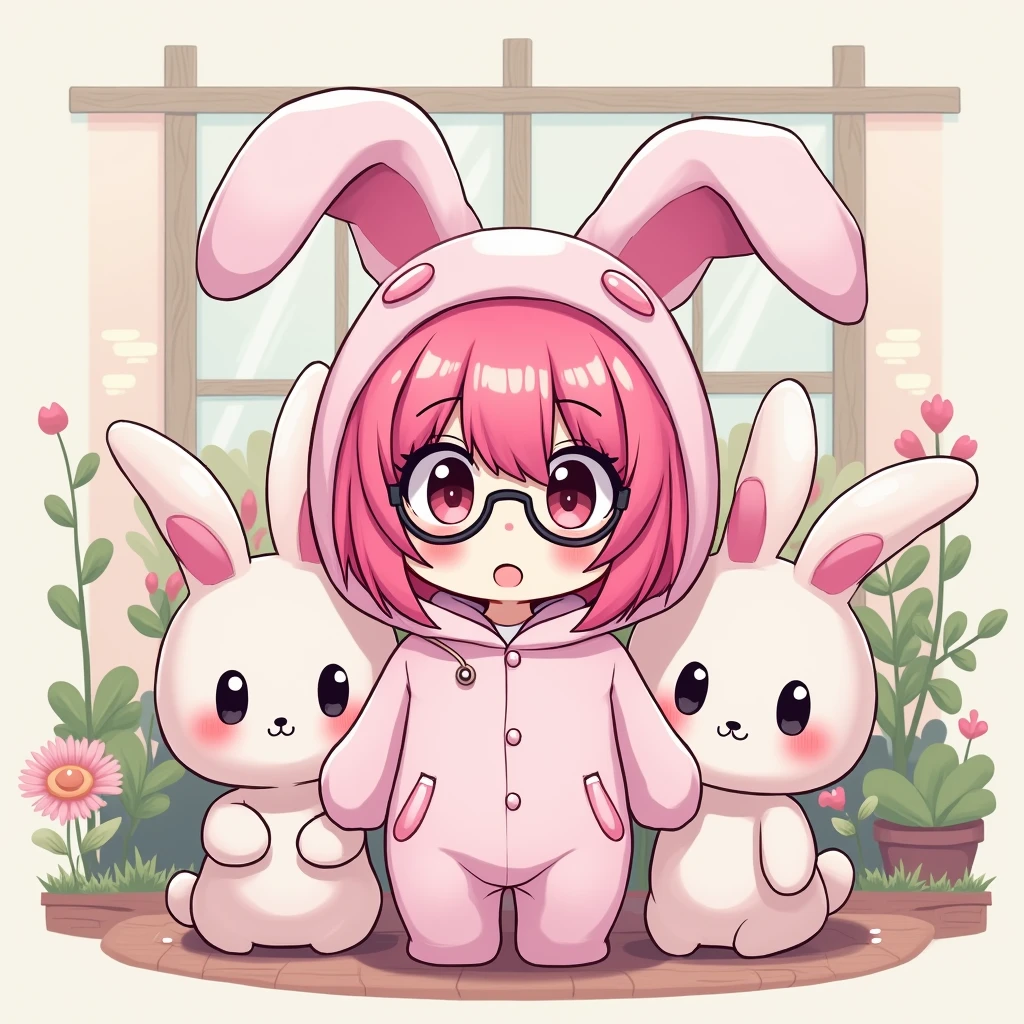 Pink hair color Bob Short rabbit costume three-headed body Black-rimmed glasses Sanrio style cute