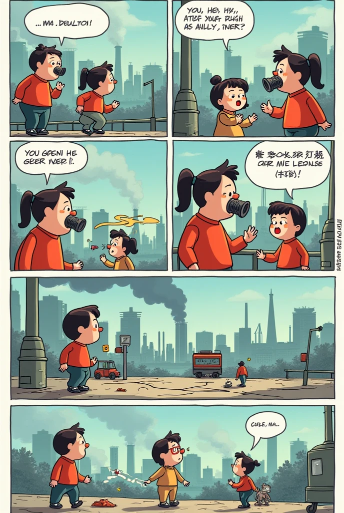 draw a funny comic about air pollution 8 boxes