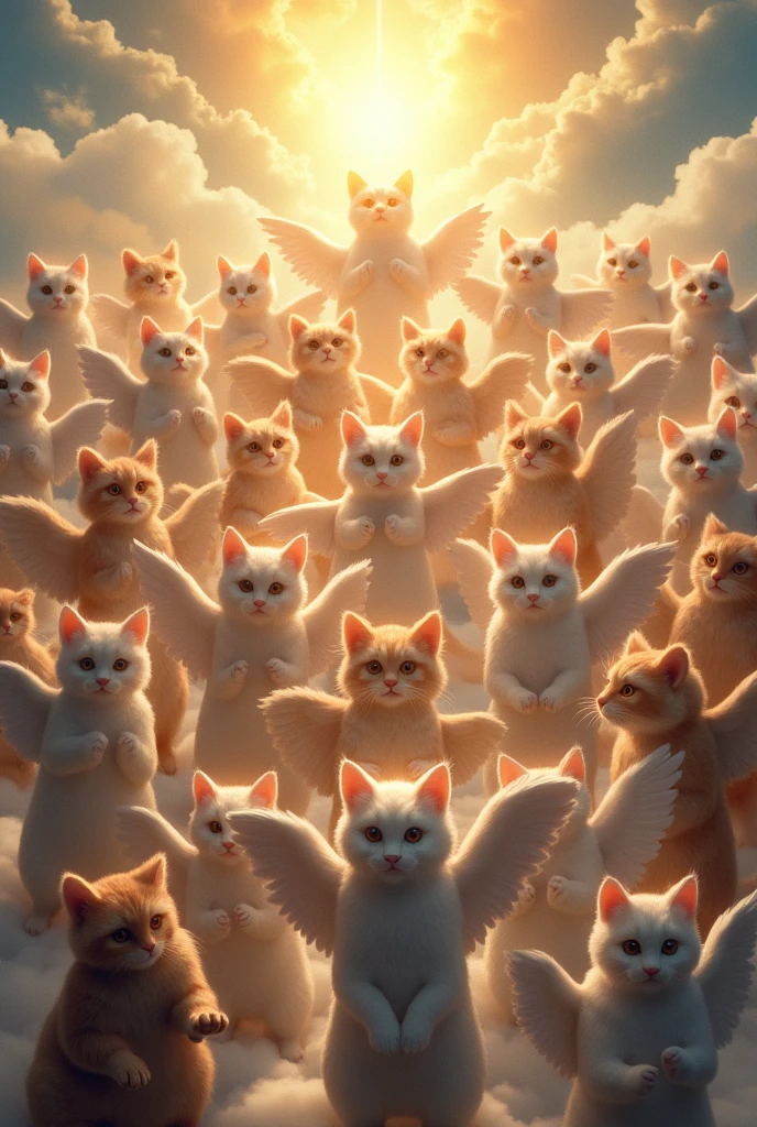 Renaissance image in heaven with 20 angels and gods in the form of cats and raccoons in sunshine and clouds 