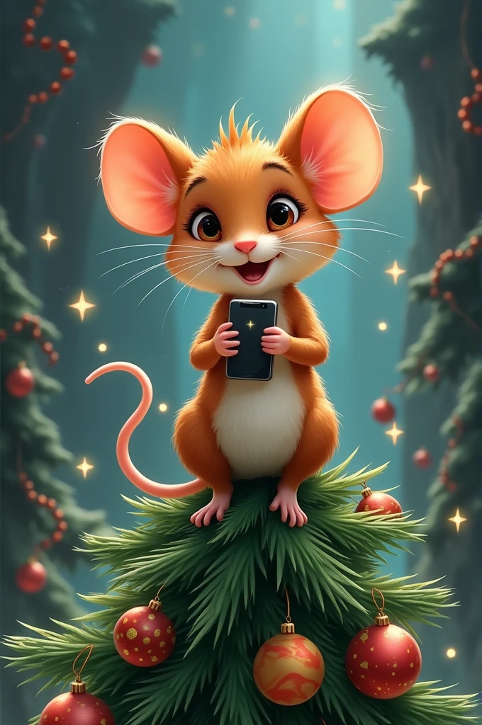 a mouse sitting on top of a christmas tree, drawn in the style of mark arian, she is holding a smartphone, card art, sewers, dream animal cute eyes, happy apearance, made of nanomaterials, listing image, he is greeting you warmly, author unknown, pfp, on a canva, beautiful picture of stray