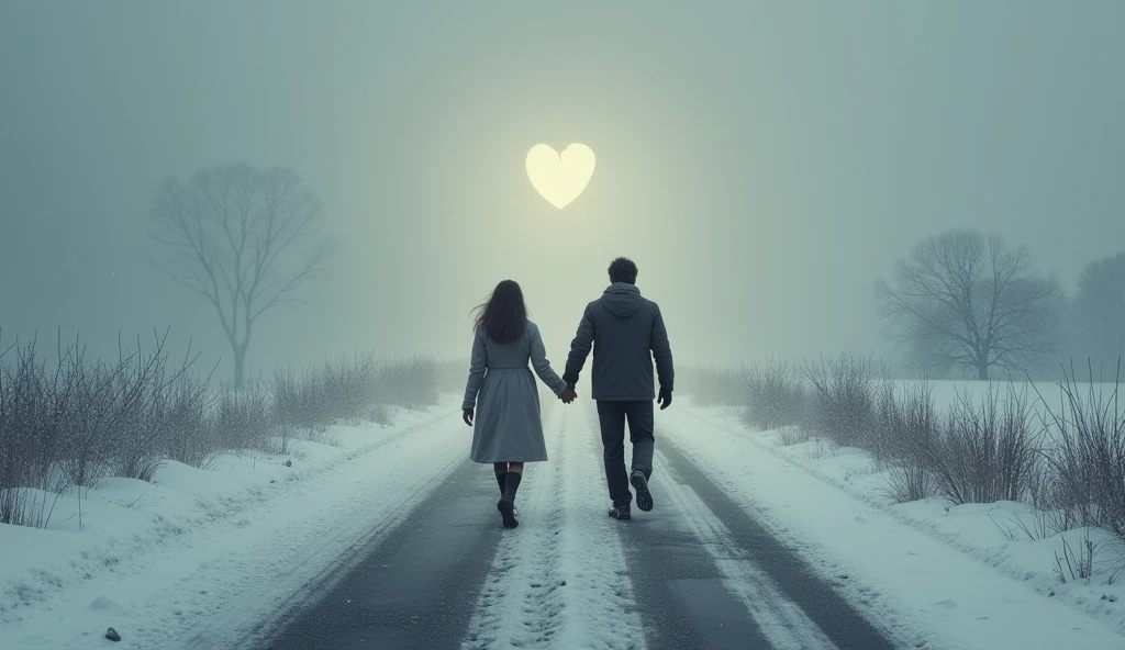 A melancholic scene in cold, muted gray tones, depicting a wintry landscape under a dull, gray sky with gently falling snow. In the foreground, an Italian woman and man are shown walking away from each other on diverging paths at a fork in the road. Their figures, viewed from behind, gradually fade into the snow-covered landscape. On the ground between them, their shadows form the shape of a broken heart, symbolizing a deep emotional divide. The softly falling snow adds a layer of quiet sadness to the scene, with the cold light highlighting the poignant details and enhancing the overall mood of melancholy and separation