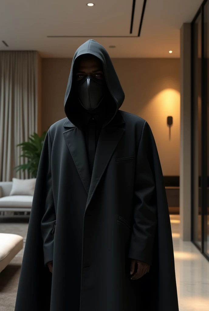 A man with almost black skin, wearing a black surgical mask, in your modern mansion 