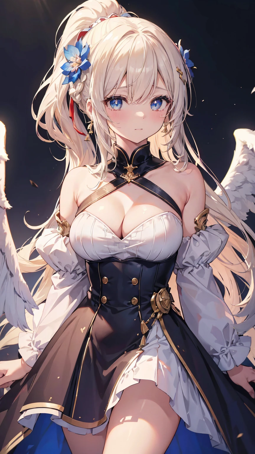 Two people, (Wavy Ponytail, Hair that falls over the shoulders, Very long hair, very thick hair), Blonde or white hair, (美しいAttention to detail目, Red or blue eyes, Star-shaped pupil, Diamond-shaped pupils), Happy tears and handkerchiefs in mouth, Large Breasts, Cleavage, Crescent-shaped earrings, Casual dress goddess, Two pairs of wings, (Beautifully detailed jewel leather color), (Hair Flower Hairpins), Abusing lens flares, chromatic aberration, Attention to detail, anime, Romanticism, About Art, Depth of written boundary, Motion Blur, Shining Light, Film Grain, 超High resolution, retina, Accurate, masterpiece, Anatomically correct, Textured skin, Super Detail, Attention to details, high quality, Awards, 最high quality, High resolution, 16K, Hands Behind Back