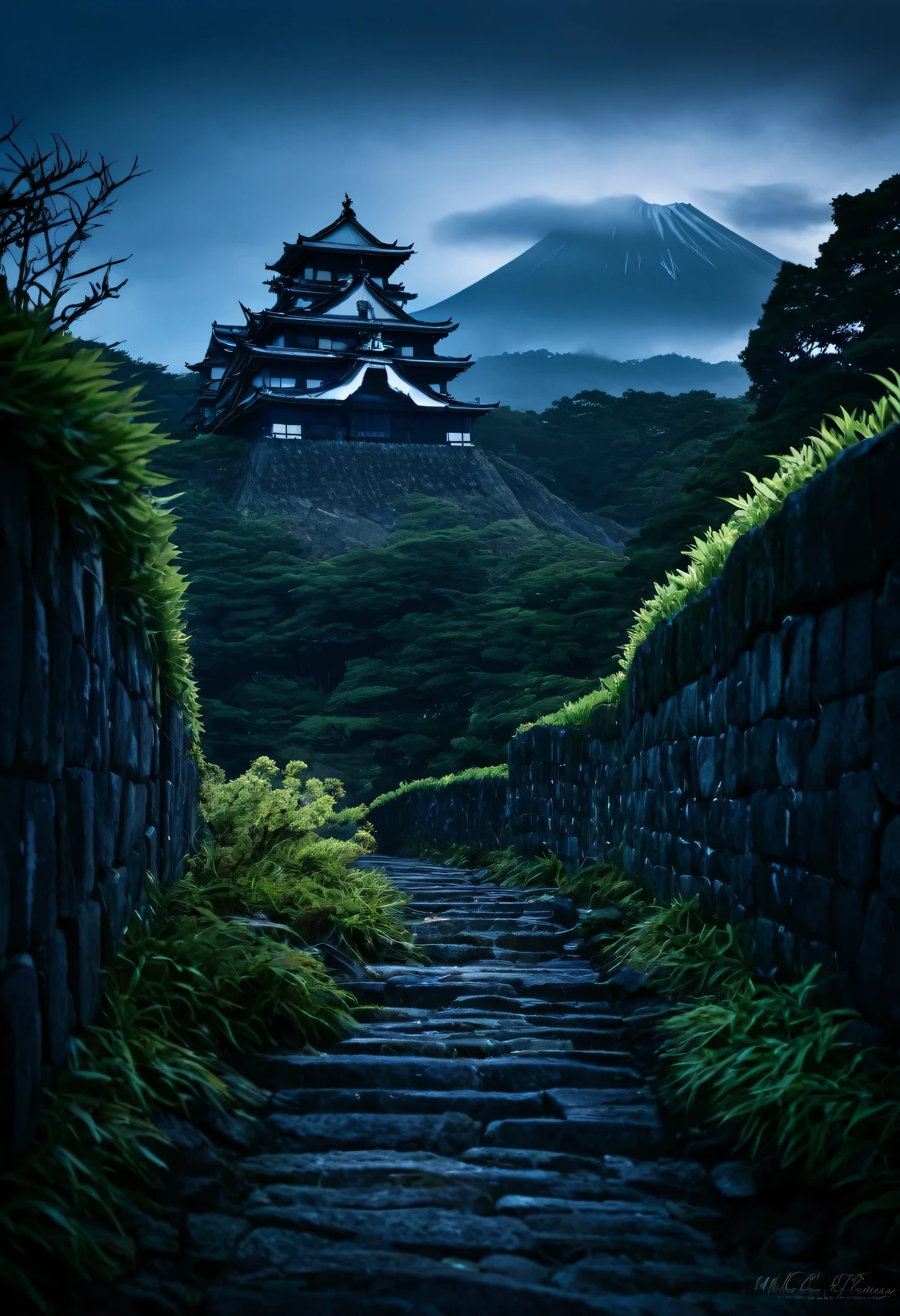 During Japan's Sengoku period, this ancient landscape centers around an old castle rumored to be inhabited by a terrifying demon. Surrounded by crumbling walls, the place may appear to be a beautiful and serene scene at first glance, but a dark history spanning centuries and the presence of the demon lurk beneath the surface. At dusk, as the mist-covered mountains meet the reddening sky, an eerie atmosphere pervades the landscape, echoing the fear and unease of those who lived through the era of war and turmoil.