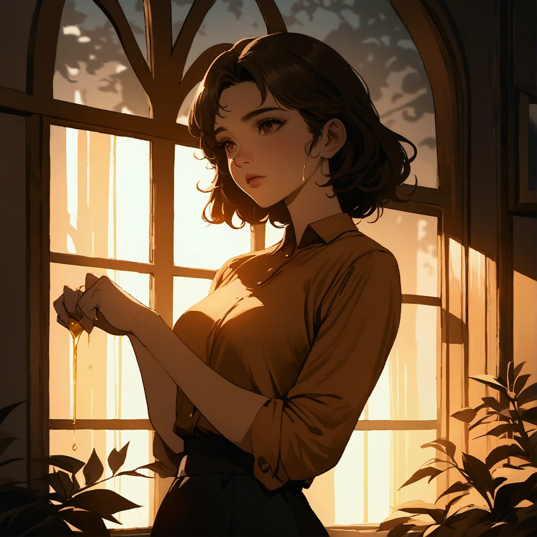 beautiful girl dripping with golden urine, simplistic but highly realistic artstyle, masterpiece, elegant pose, dramatic lighting, cinematic, moody atmosphere, warm color palette, house window, garden, shade, tree
