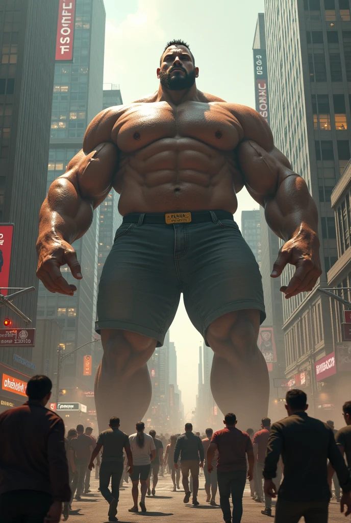 Un homme immense tres muscles gay dans une ville et les habitants sont en panique