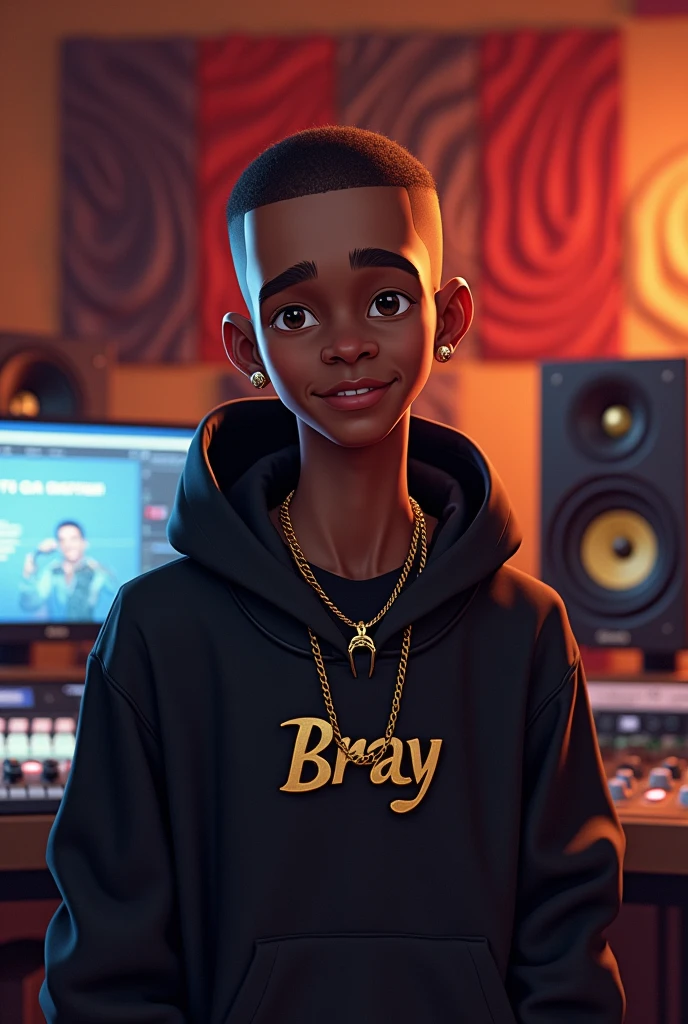 A 17-year-old boy Skin color: brown Place: Music Recording Studio Accessories: gold chain that says BRAY Accessory: small earrings No hair on the head