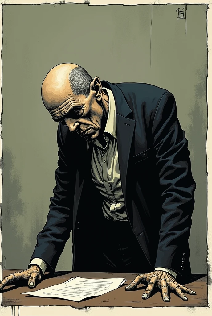 Very thin lawyer with his head down, with your monotonous life, in comic book style