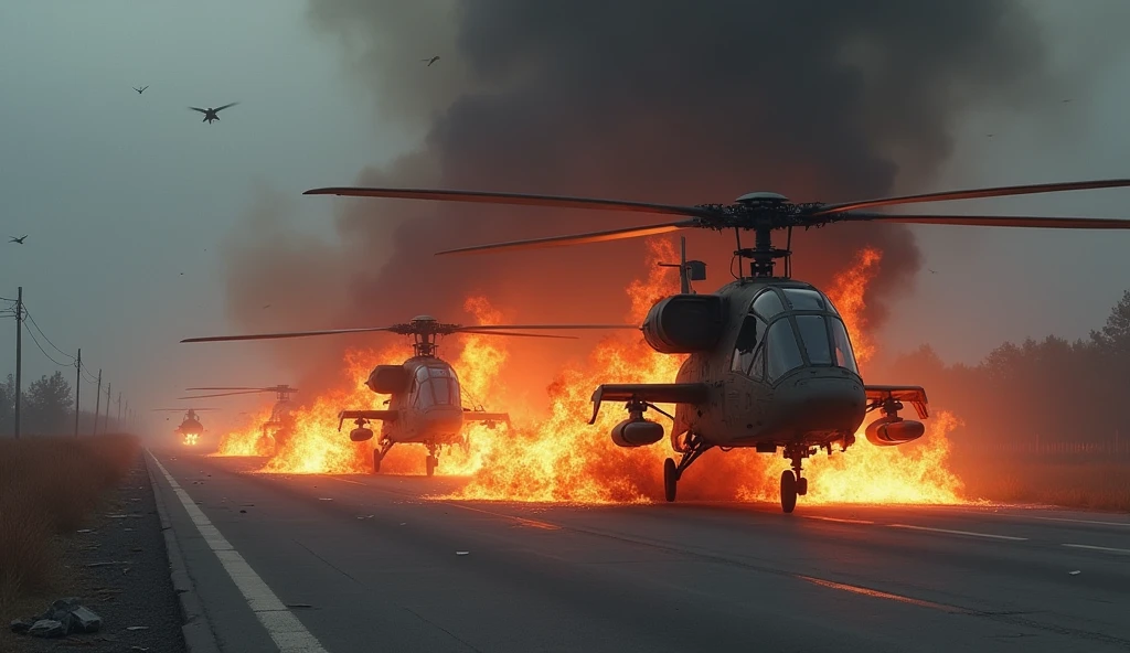2 ATTACK HELICOPTER BURNING ON THE ROAD, GLOOMY WEATHER
