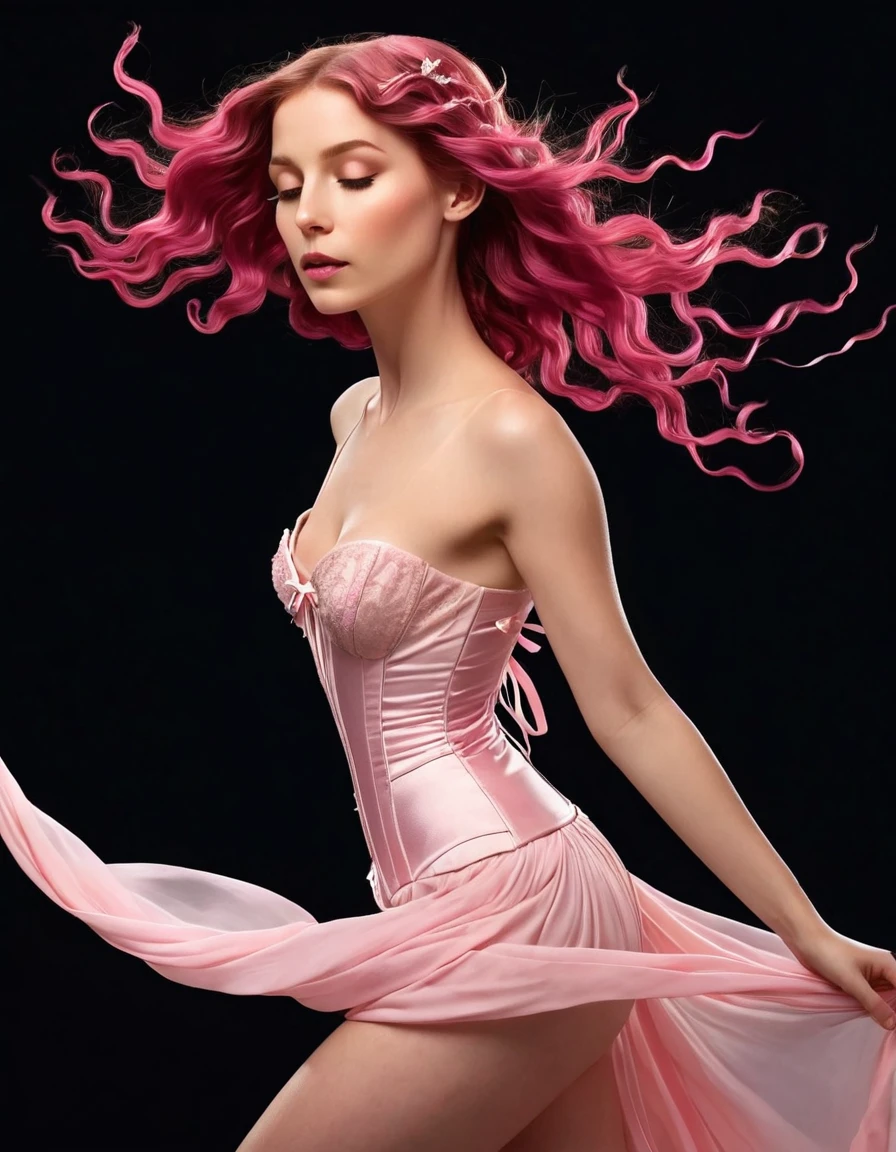 png white background, [subject], in the style of animated illustrations, [environment], full body, text-based --style raw --stylize 100
full body In a breathtakingly sharp 8K resolution, capture a stunning white woman suspended in mid-air against a stark, plain black background. Her long, wavy dark pink hair cascades down her back like a waterfall of nightfall hues. She wears a delicate light pink corset and a flowing ribbon dress that drapes elegantly around her form. A halo of light pink ribbons floats serenely around her, as if carried by an invisible breeze. Her hyper-detailed facial features shine with a gentle glow: rose-kissed cheeks, a  nose, and luscious pink pouty lips that seem to whisper secrets to the universe. The only splash of color is provided by her bare feet, which appear to defy gravity as she floats effortlessly in mid-air. full body. Masterpiece,