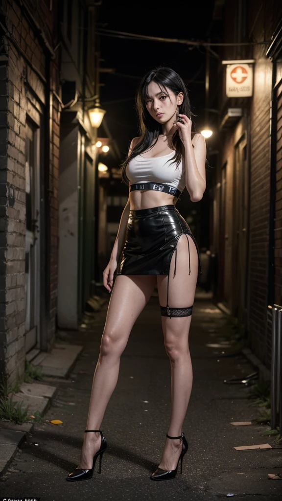 For the cover of Volume 2, we can introduce a new element that reflects the protagonist's escalating situations and growing despair. Let's present her in a different setting and pose: The protagonist is shown standing in the middle of a dimly lit and run-down alley at night. The walls on both sides are covered in graffiti and rubbish is scattered across the floor. A single flickering streetlight casts long shadows behind her. She is dressed in a short black leather skirt, fishnet stockings, and a short, tight white top that leaves little to the imagination. Her black hair is styled in messy, uneven layers, and she has heavy eye makeup, emphasizing her exhausted, blank expression. Her hands are clenched into fists at her sides and her feet are shoulder-width apart, as if she is ready to defend herself or make a hasty escape. One of her high heels is slightly scratched, suggesting a recent fight. In the foreground, at eye level, a crumpled business card lies on the floor, partially obscured by a discarded cigarette butt. The card has a provocative image of a woman in a scanty outfit, with bold letters that read "Private dancer. Discreet services." This element suggests that the protagonist turned to prostitution as a means of dealing with her financial difficulties or to pay off debts resulting from her father-in-law's manipulation.