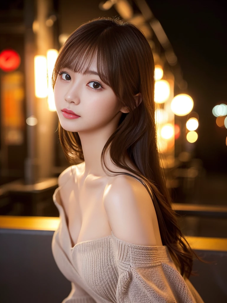 masterpiece、1 beautiful girl、Detailed eyes、Puffy eyes、Big Breasts、Highest quality, 超High resolution, (reality: 1.4), Cinema Lighting、Japanese、Asian Beauty、Super Beauty、Beautiful Skin、thin、Body facing forward、(Surreal)、(High resolution)、(8k)、(Very detailed)、(Beautiful and detailed)、(Very detailedな)、 (wallpaper)、Detailed face、Bright lighting、Professional Lighting、View your audience、Look straight ahead、(Off-the-shoulder knit dress)、Long Hair, My hair is messy, Asymmetrical bangs, 、Night view、Brown Hair、Japan is an idol、Korean Idol、Burning idol pose、、1、expensive,