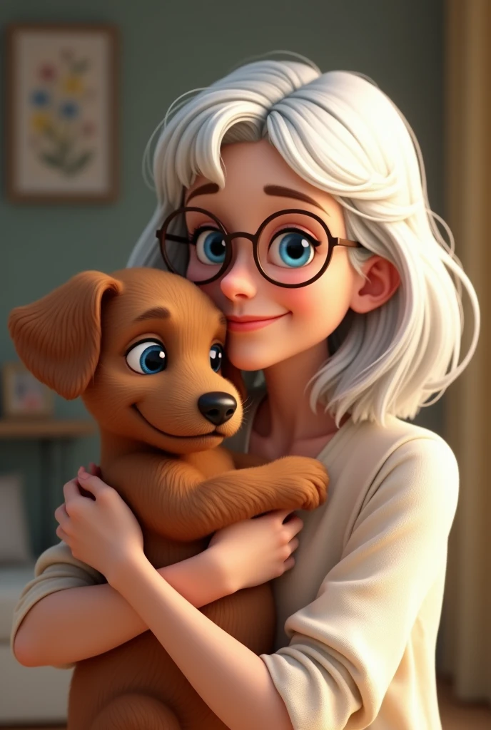 Cheerful grandma holding her brown pinscher puppy, with medium straight white hair, wearing glasses and blue eyes, white skin and wearing a flower blouse