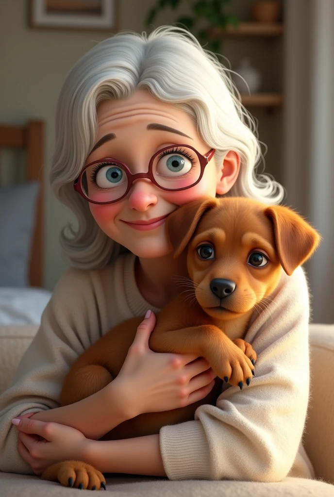 Cheerful grandma holding her brown pinscher puppy, with medium straight white hair, wearing glasses and blue eyes, white skin and wearing a flower blouse