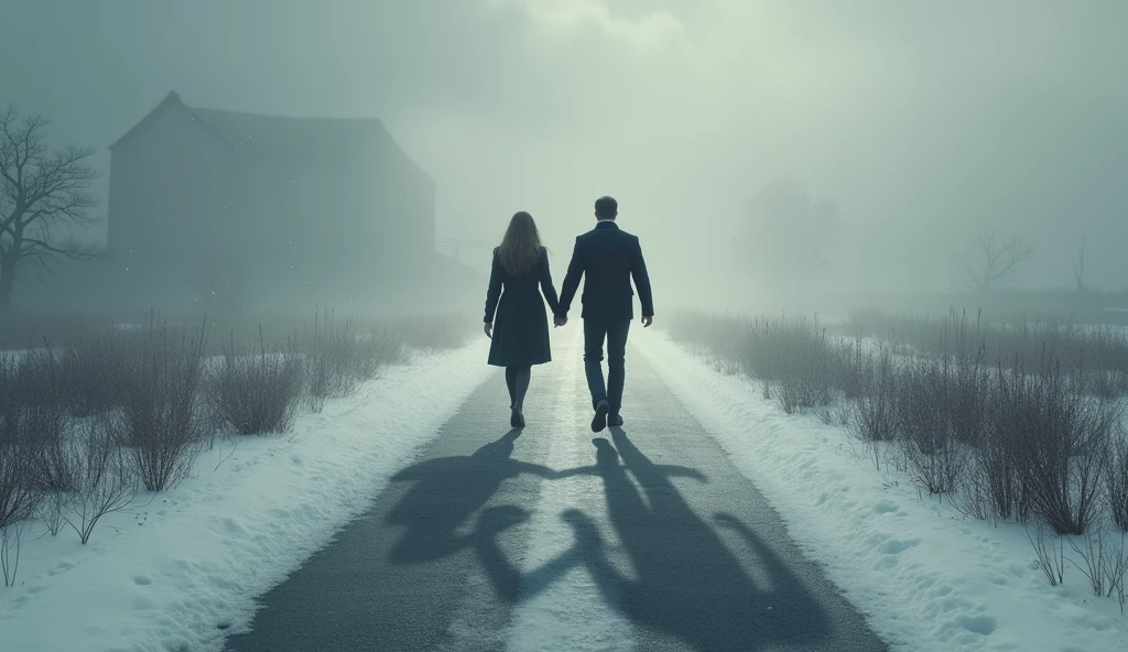 A SCENE OF COLD GREY TONES, WITH A MELANCHOLIC THEME OF A LANDSCAPE WITH GREY SKY AND SNOW, of an Italian woman with her back turned walking on a path and an Italian man with his back turned walking on a different path at a fork, reflecting a shadow of a heart split in half on the floor as a shadow of him and a shadow of her, WHILE SNOWFLAKES FALL