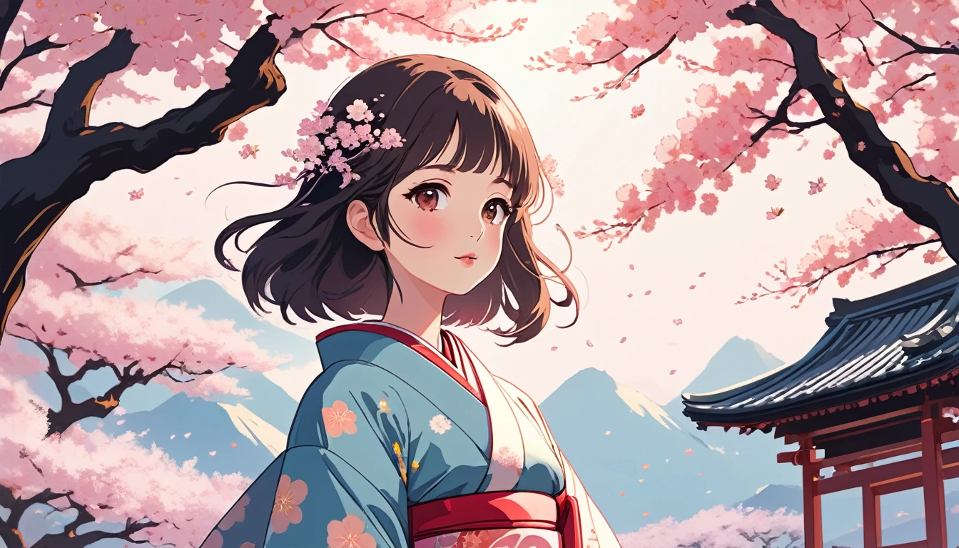 Woman in kimono、Background is cherry blossoms、Wide-angle lens, Lofi Anime, Lofi illustration, Aesthetic atmosphere, Lo-Fi Style, Vector art, Flat Design, Simple shape, Warm tones, Pleasant atmosphere, Chill, In anime style, Digital drawing, Vector art, Vector logo for t-shirt printing, (Adorable:1.5), (small:1.4), (Playful:1.2), (soft:1.3), (Whimsical:1.1), masterpiece, Highest quality, 8k, Intricate details, grow, Celestial, Mysterious, Picturesque, amazing, Majestic, Magic, Fantasy art, Cover art, dream-like