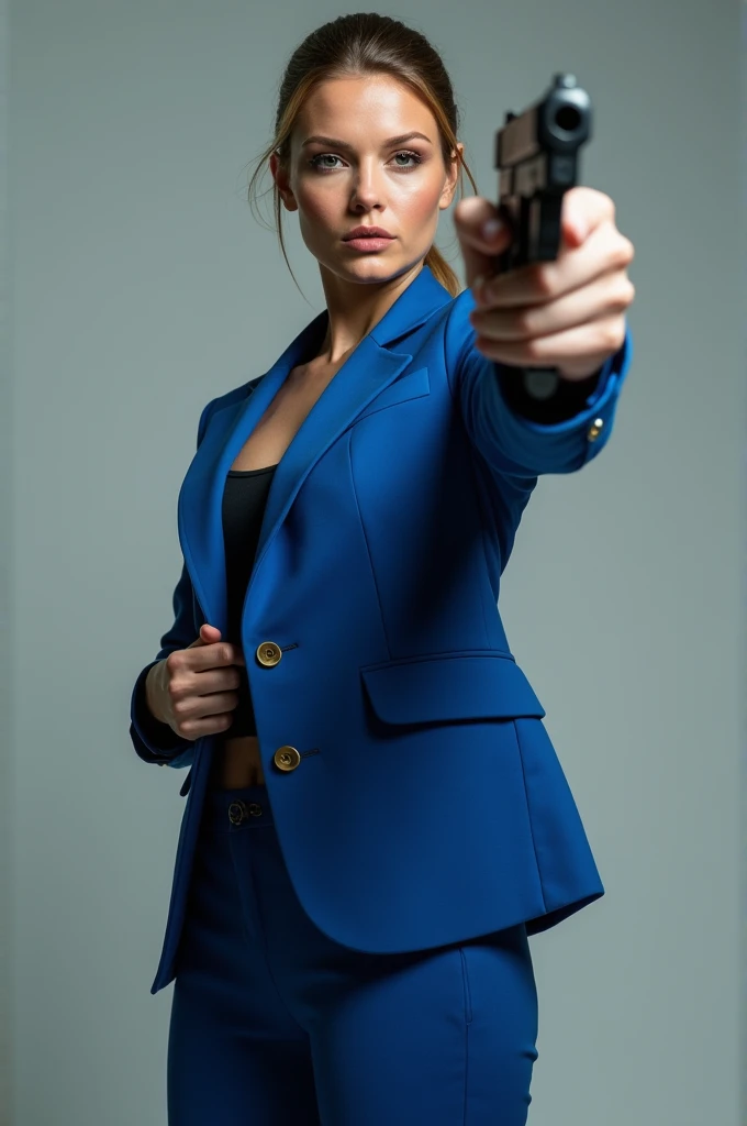 A woman dressed in blue posing with a gun