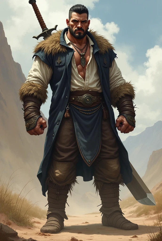 He is a tall indigenous man, 2 meters tall, with short dark hair and a square face. His eyes are wolf-like and one of them is closed with pointy ears with earrings. He wears a dark overcoat with a white shirt underneath and has a strong physique. A large sword is strapped to his back. I would like the art in a fantasy RPG style. In the Old West