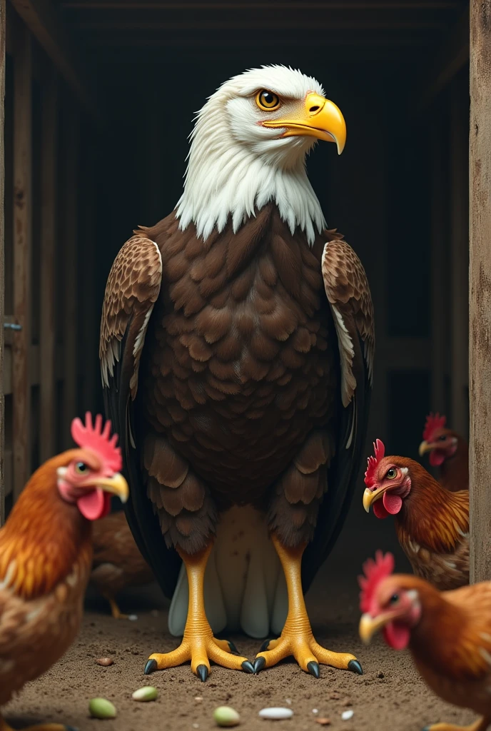 **Eagle Living as a Chicken**: "An adult eagle, fully grown but living in a chicken coop, scratching the ground and pecking for food like the chickens around it. The eagle looks resigned yet slightly wistful, as if dreaming of a different life."