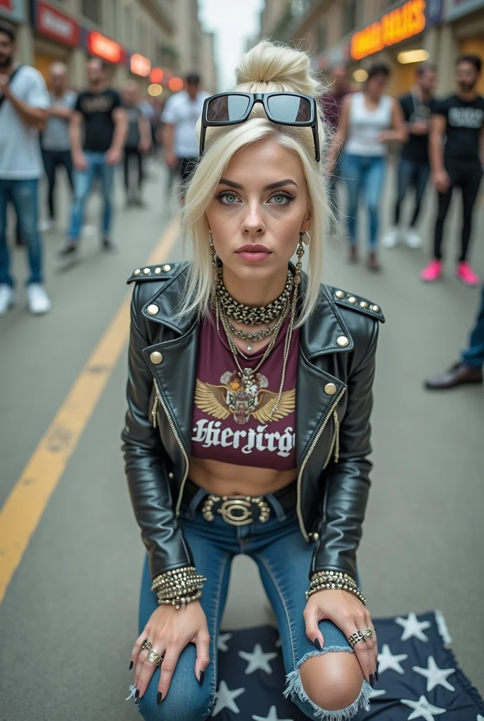russian old milf woman, , blonde platinum hair (beehive bun) and oversized square sunglasses as headband), with very light green eyes, extremely pale. Wearing studded, padded shoulders, cropped black moto jacket (zippers on the side. dark burgundy push up t-shirt with skull and wings logo and gothic lettering,, dark skinny low rise blue jeans with holes on knees .White tennis sneakers. Lots of thick wide studded bracelets, chain collars and big rings. Tacky wide studded leather belt with big eagle oval buckle. Long earrings with chains. Kneeling on a ragged usa flag, looking at the photographer. Craving, sensual face. Hands on knees. Looking at the camera, Toned abdominals, thin neck, slim legs and thin arms. Narrow hips. Heavily tattooed on chest, hands, neck and arms. Crowded church with priests, rattlesnakes on the floor